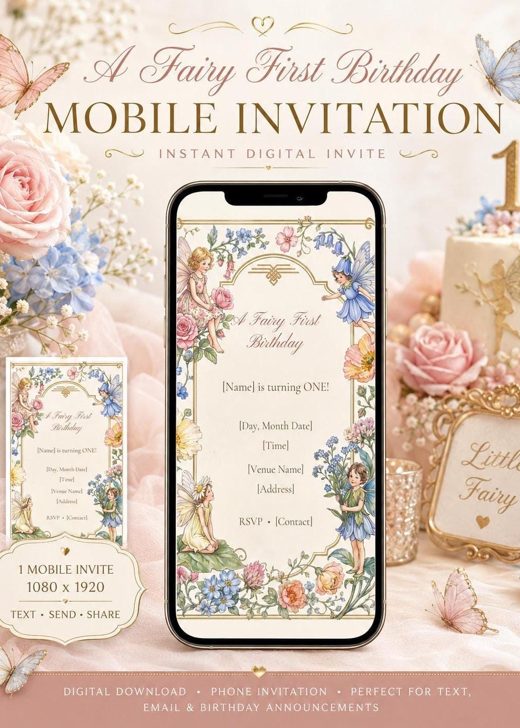 Fairy first birthday mobile invitation, gold border design