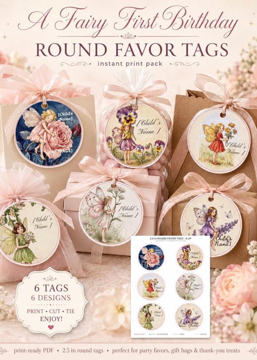 Round fairy favor tags, editable