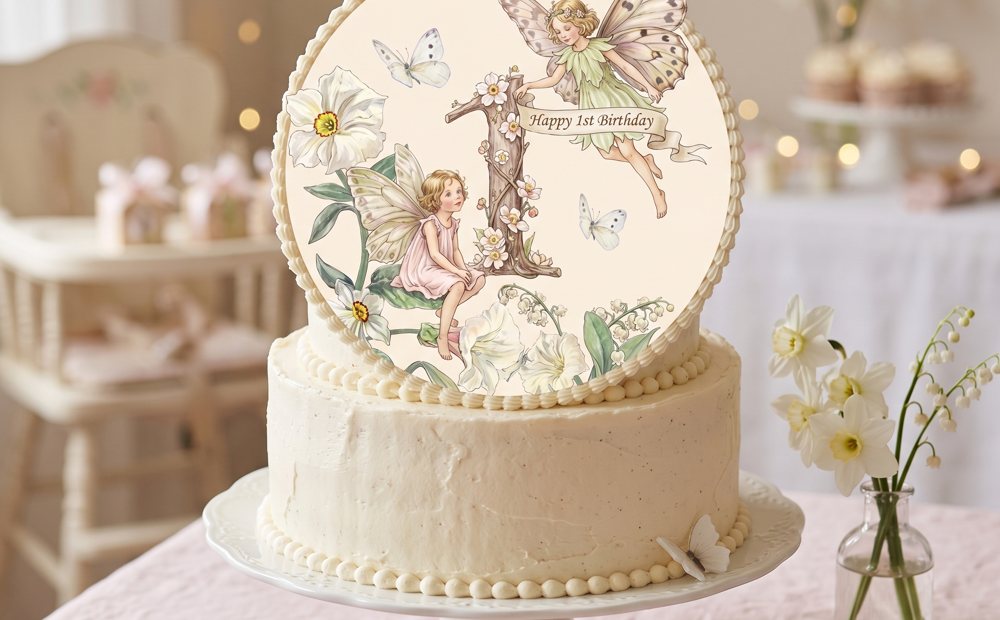 Watercolor-style fairy cake topper on a buttercream first birthday cake
