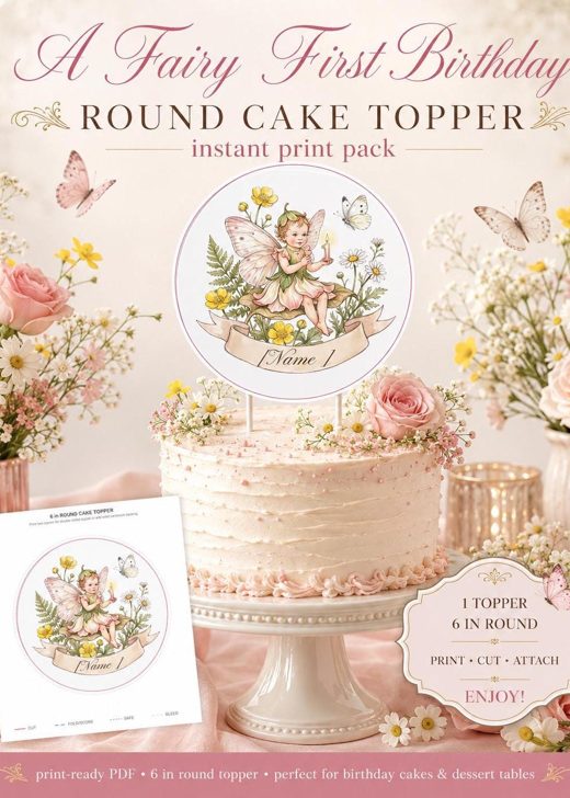 Round fairy cake topper with editable name banner