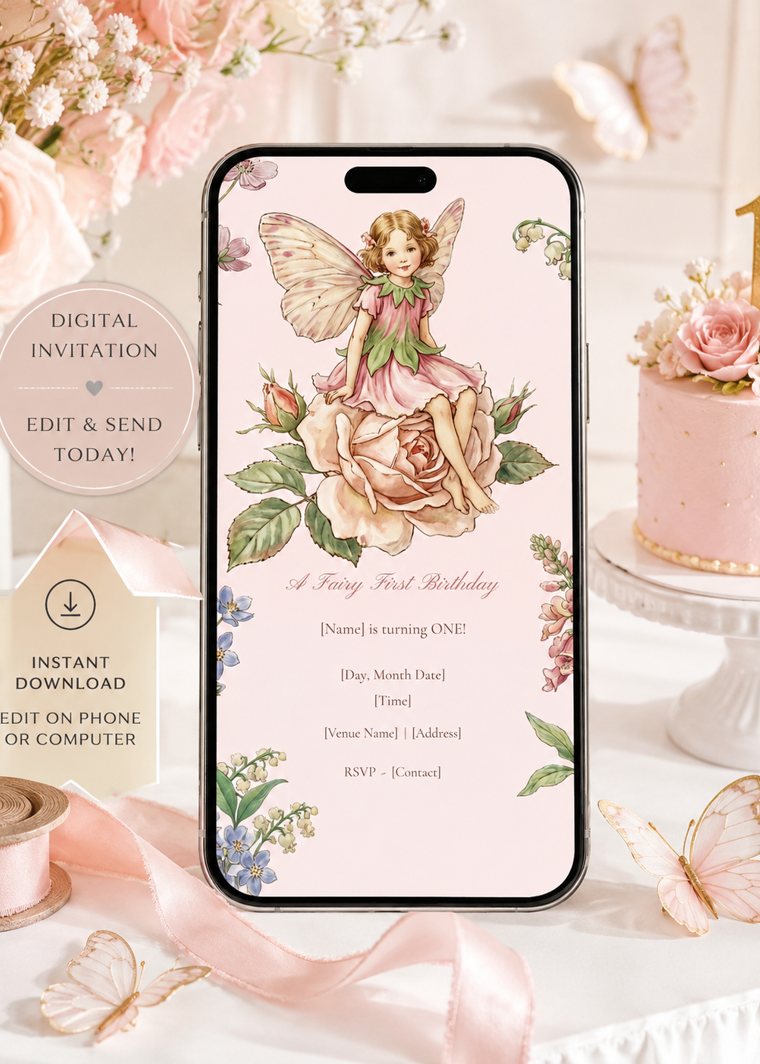 Watercolor-style fairy first birthday party styled with a phone invitation and cake