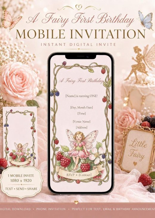 Fairy first birthday mobile invitation, berry vine design