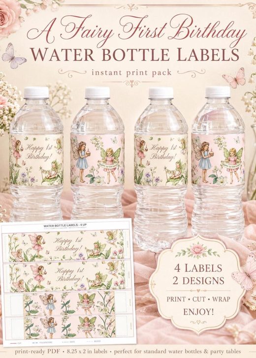 Fairy water bottle labels for a first birthday