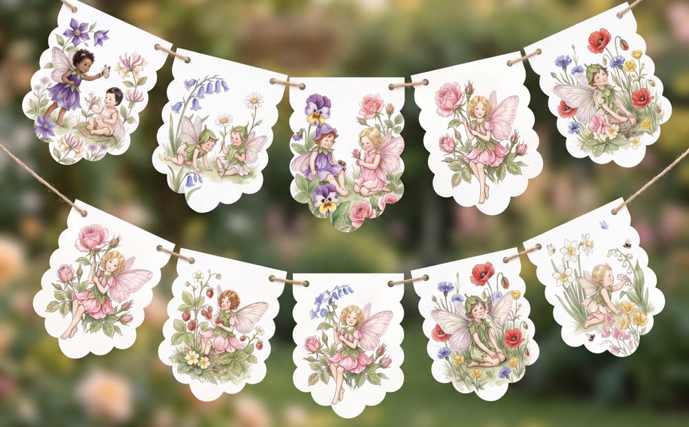 Watercolor-style fairy birthday bunting banner strung for a party
