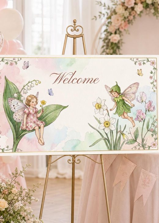 Large fairy welcome sign for a first birthday party