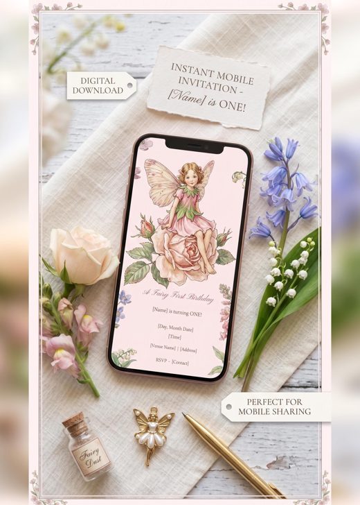 Fairy first birthday mobile invitation, rose fairy design